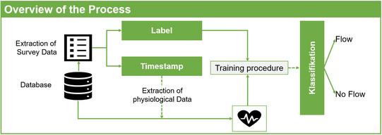 This figure presents an overview of the process used to generate the training data for machine learning. The physiological data serves as the input, and the survey data serves as the output. Based on the timestamps of the data collection, the respective physiological data are mapped to the corresponding survey data. On this basis, the training of the machine learning model can take place. In our example, we are concerned with a classification problem that can distinguish between flow and no flow.